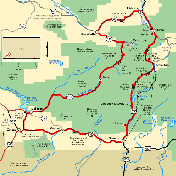 Map of the San Juan Skyway 232-mile loop in Colorado