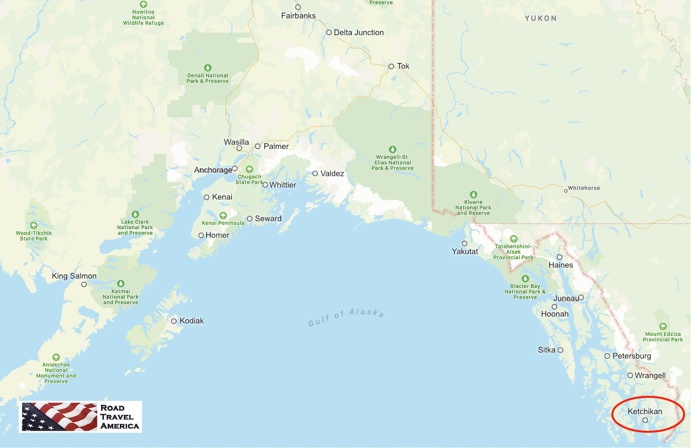 Map showing the location of Ketchikan relative to other Alaska cities, parks and preserves