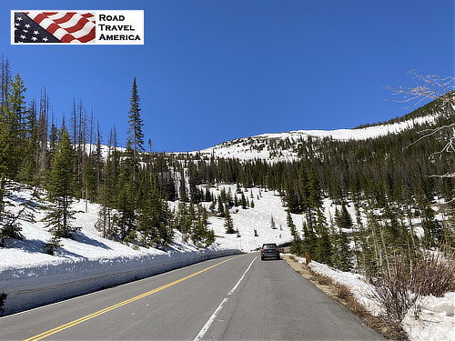 Snow, and blue skies, along Trail Ridge Road