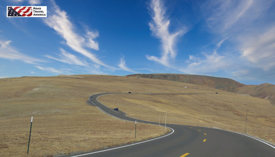 Trail Ridge Road crossing the tundra, above the tree line, in Rocky Mountain National Park in Colorado