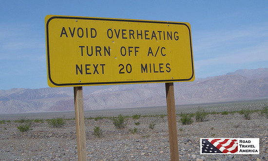 Sign in Death Valley National Park: Avoid Overheating - Turn Off A/C - Next 20 Miles