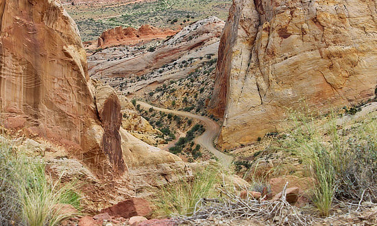 The gravel switchbacks on the Burr Trail in Utah