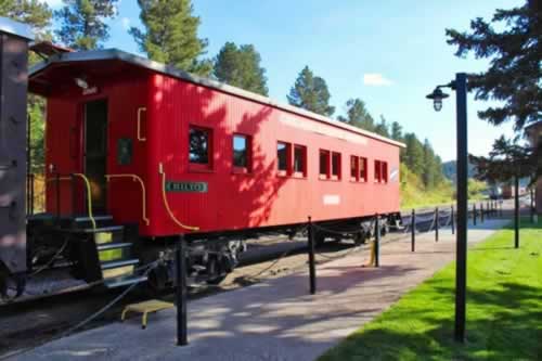 Vintage rail car at the Black Hills Central Railroad station in Hill City, South Dakota