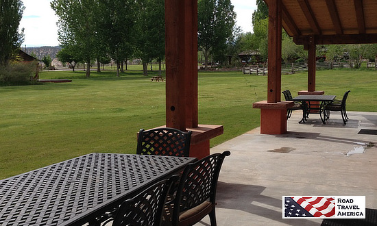 View of the grounds at the Boulder Mountain Lodge on Highway 12 in Utah