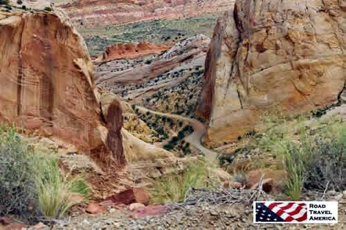 View to the valley from part way down the switchbacks down the Burr Trail