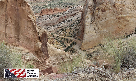 View to the valley from part way down the switchbacks down the Burr Trail