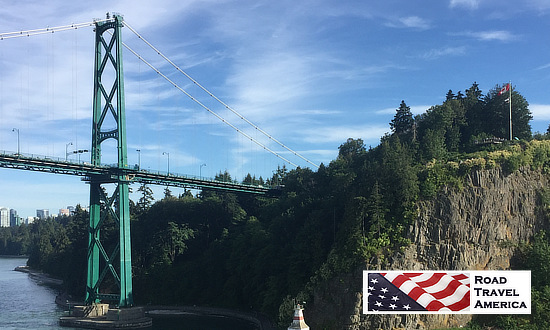 Lions Gate Bridge in Vancouver, British Columbia, over the waters of the Burred Inlet