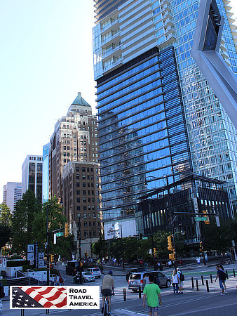 Busy street scene in downtown Vancouver, British Columbia