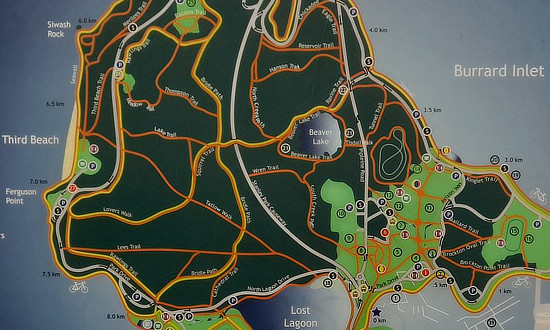Sign showing the paths and walkways at Stanley Park in Vancouver, British Columbia