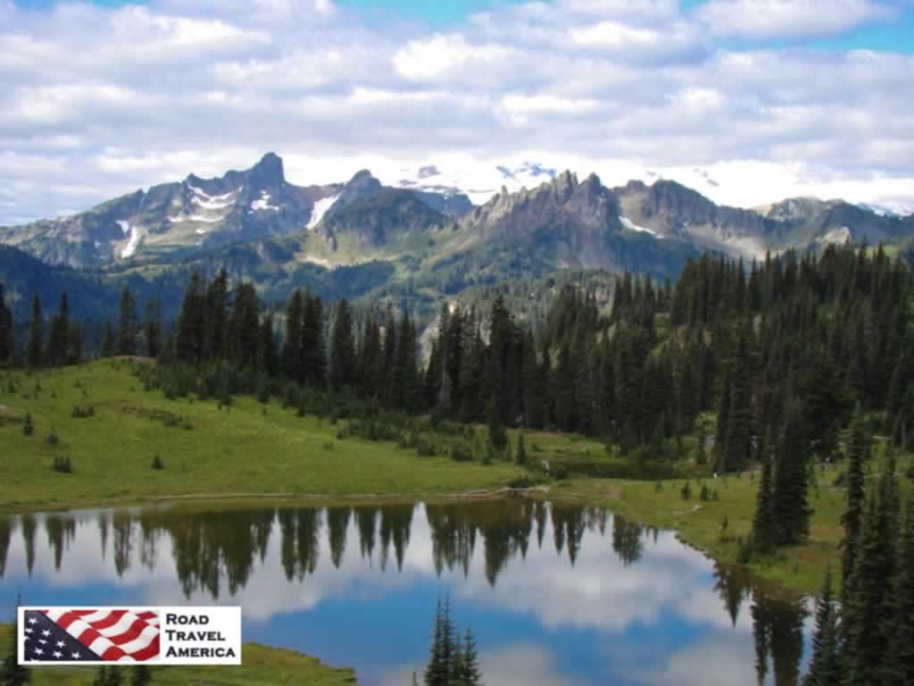 Mount Rainier reflecting in a quiet lake in th State of Washington
