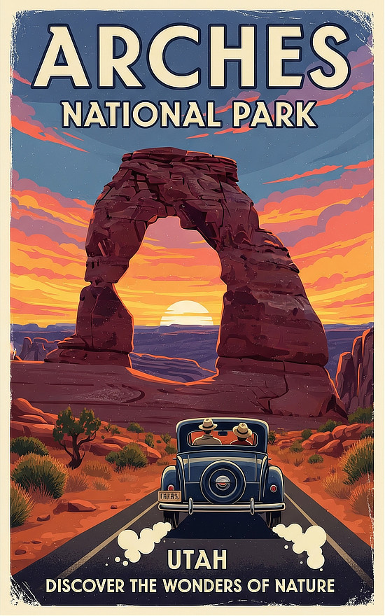 Vintage travel poster for Arches National Park in Utah