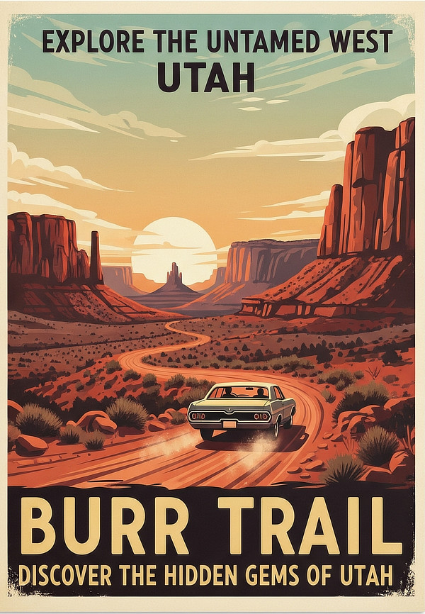 Vintage travel poster for the Burr Trail ... Experience the Untamed Beauty of Utah's Hidden Gem
