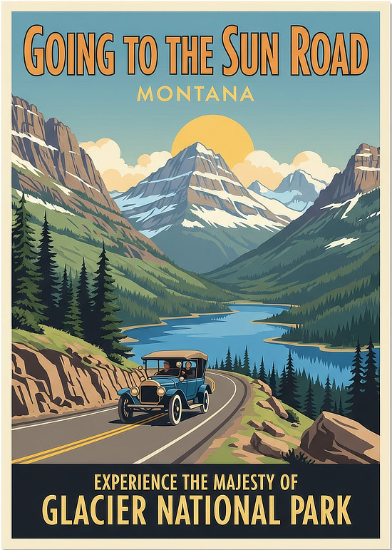 Vintage travel poster for the Going to the Sun Road in Montana ...  Experience the Majesty of Glacier National Park
