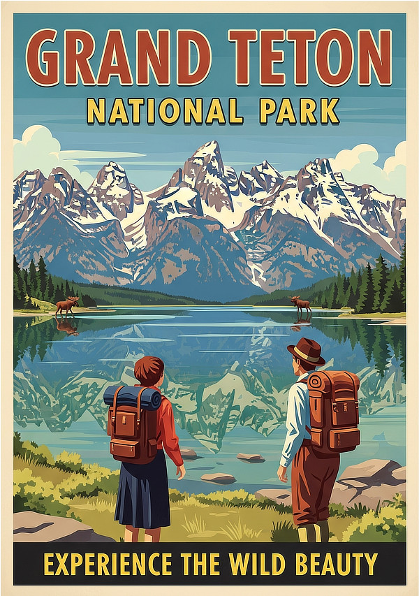 Vintage travel poster for Grand Teton National Park
