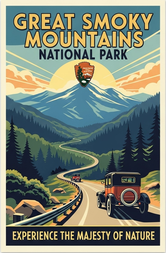 Vintage travel poster for the Great Smoky Mountains National Park