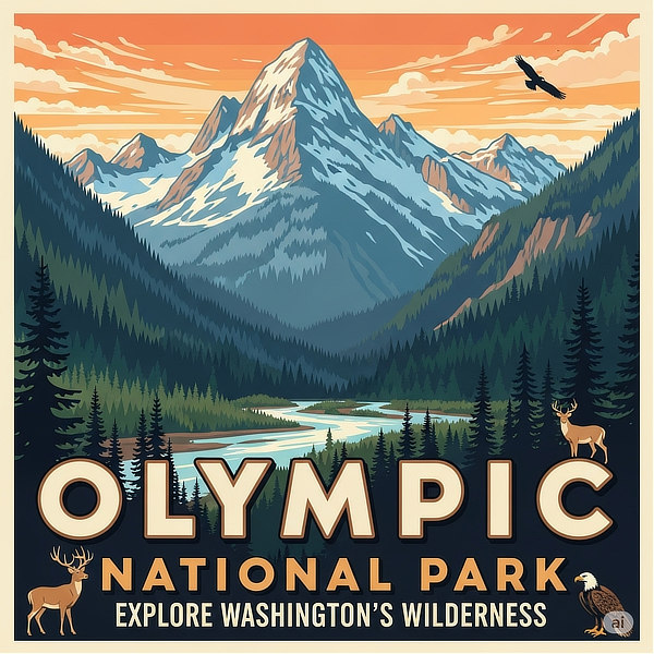 Vintage travel poster ... explore Washington's winderness, at Olympic National Park