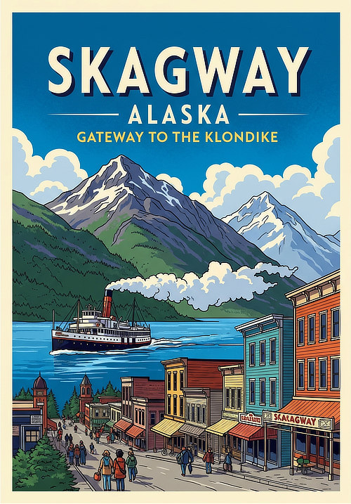 Vintage travel poster for Skagway, Alaska ... Gateway to the Klondike