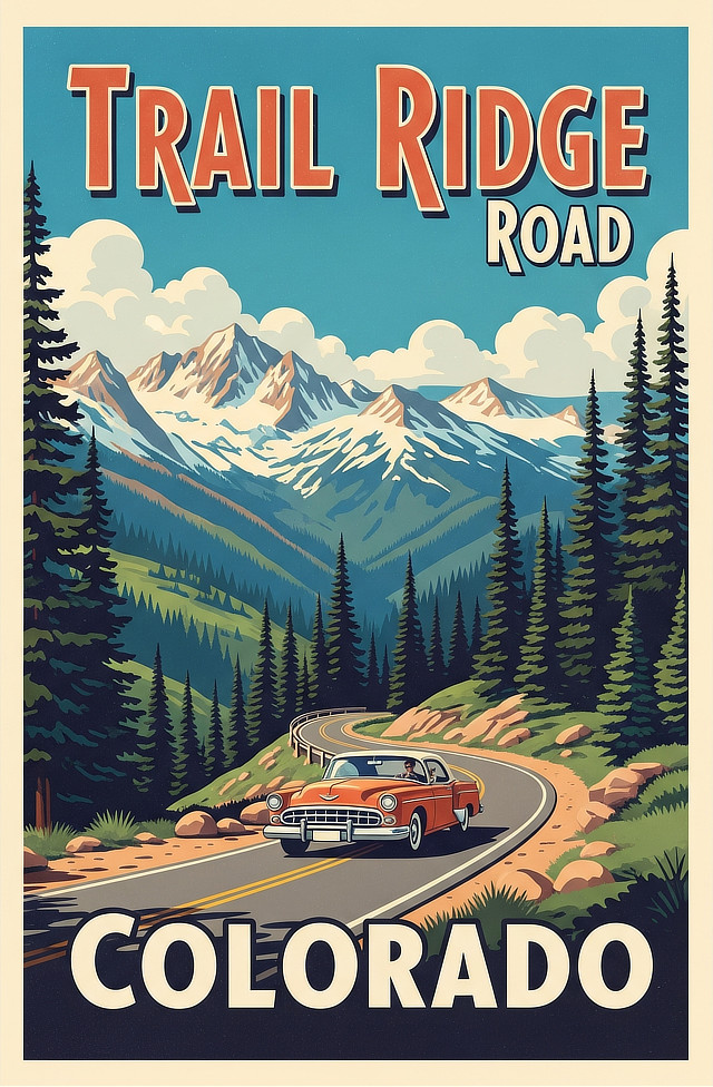 Vintage travel poster for Trail Ridge Road, crossing Rocky Mountain National Park in Colorado