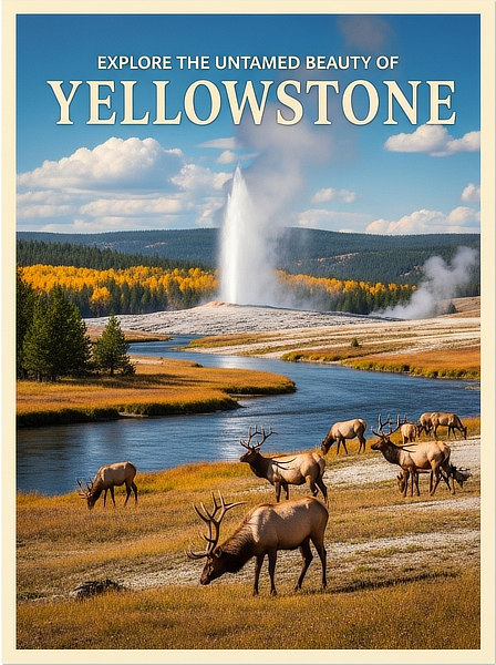 Explore the Untamed Beauty of Yellowstone National Park ... a vintage travel poster